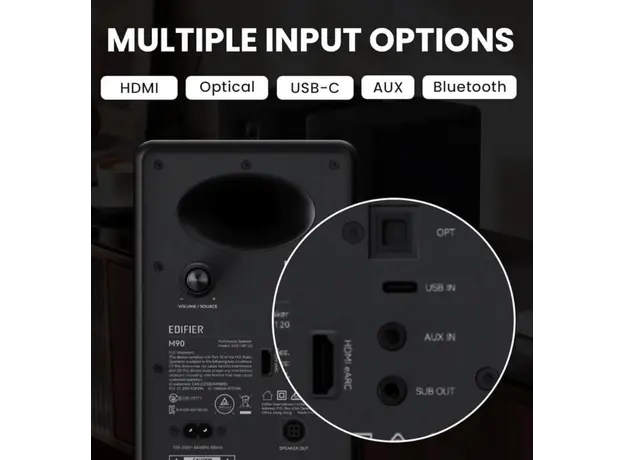 Edifier M90 Speaker, 100W, HDMI eARC, Optical, Type-C, AUX, Bluetooth, Compact Active Speaker, Black, 8 image
