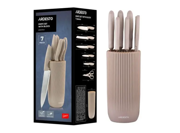 Ardesto Knives Set with block Gemini, 7pcs, stainless steel, plastic, beige, 4 image