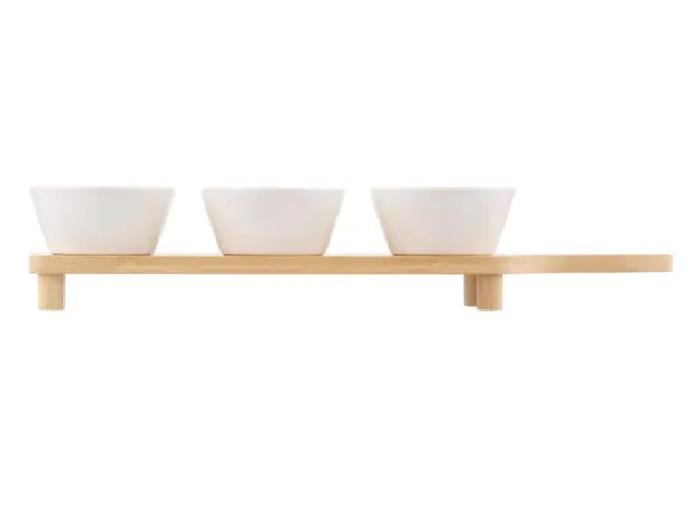 Set of saucers ARDESTO Saucer set with tray Midori, 3pcs, 110ml, new bone china, bamboo, 4 image
