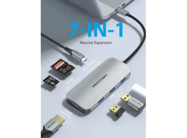 Dock Station Vention TOJHB 7-in-1 USB-C 4K/30Hz Docking Station 5Gbps 100W PD 0.15m Gray Aluminum, 4 image