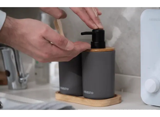 Soap dispenser ARDESTO Bathroom set Minimalism 360ml, 3 items, polypropylene, bamboo, dark grey 767637180702, 5 image
