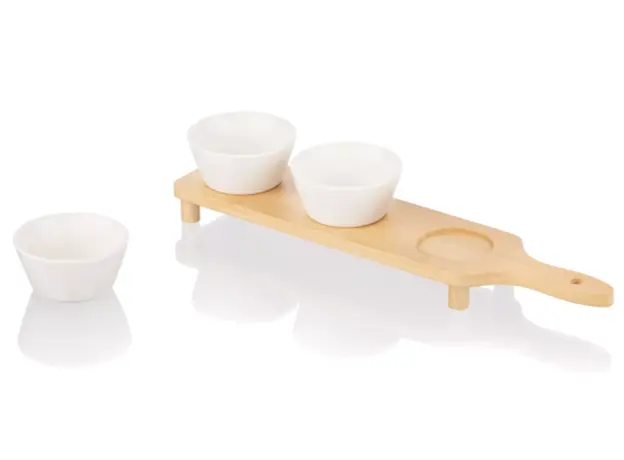 Set of saucers ARDESTO Saucer set with tray Midori, 3pcs, 110ml, new bone china, bamboo, 2 image
