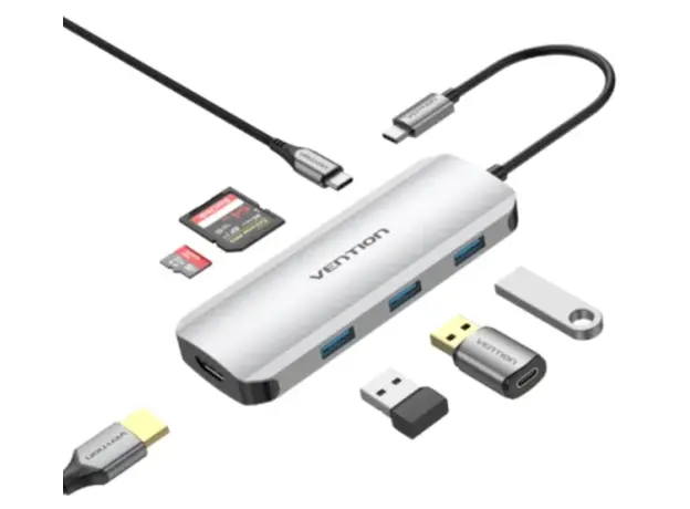 Dock Station Vention TOJHB 7-in-1 USB-C 4K/30Hz Docking Station 5Gbps 100W PD 0.15m Gray Aluminum