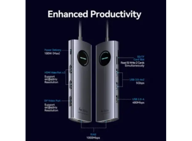 Docking Station Vention TQWHB 4K/60Hz 10-in-1 USB-C MST Docking Station 100W PD 0.15m Gray Aluminum, 4 image