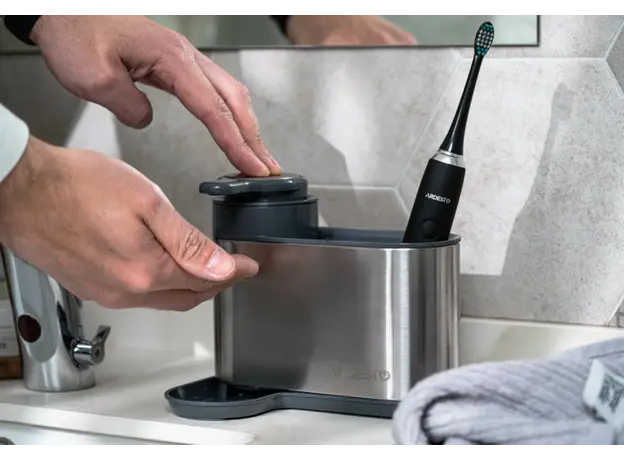 Soap dispenser Ardesto Detergent organizer Minimalism, 8x12.7x16cm, plastic, stainless steel, grey, 6 image