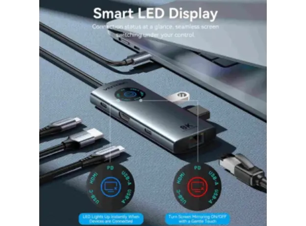 Dock Station Vention TQZHB 6-in-1 USB-C 8K/30Hz Docking Station 5Gbps 100W PD With Smart Led Display 0.15m Aluminum, 4 image