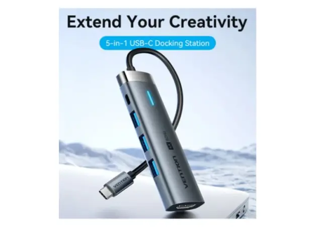 Docking Station Vention TGMHB 5-in-1 USB-C 4K/60Hz 5Gbps 100W PD 0.15m Gray Aluminum, 2 image