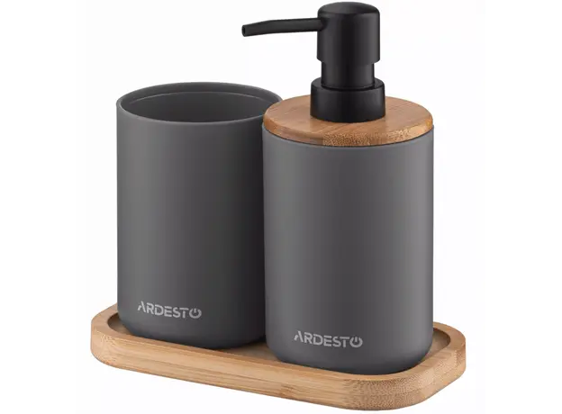 Soap dispenser ARDESTO Bathroom set Minimalism 360ml, 3 items, polypropylene, bamboo, dark grey 767637180702