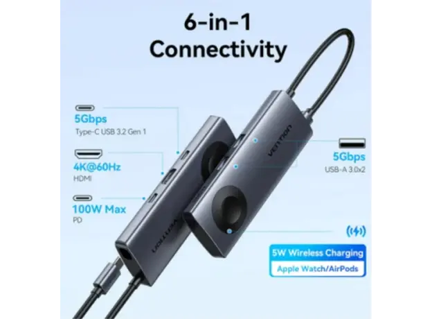 Docking Station Vention TPMHB 6-in-1 USB-C 4K/60Hz Wireless Charging Docking Station 5Gbps 100W PD 0.11m Gray Aluminum, 3 image