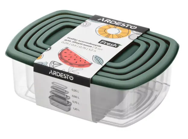 Set of food storage containers ARDESTO Fresh 0.25/0.5/0.75/1.2l, plastic, rectangular, green