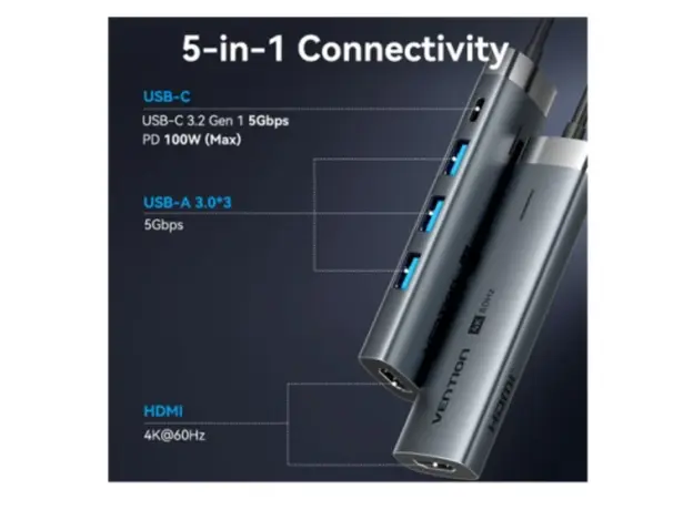 Docking Station Vention TGMHB 5-in-1 USB-C 4K/60Hz 5Gbps 100W PD 0.15m Gray Aluminum, 4 image