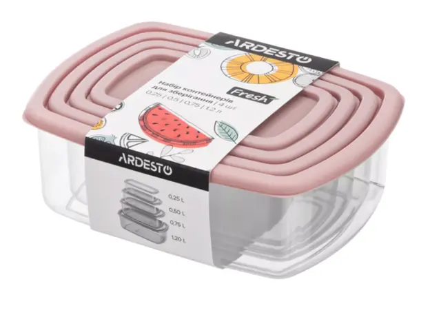 Set of food storage containers ARDESTO Fresh 0.25/0.5/0.75/1.2l, plastic, rectangular, pink