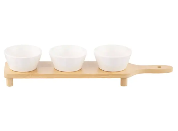 Set of saucers ARDESTO Saucer set with tray Midori, 3pcs, 110ml, new bone china, bamboo