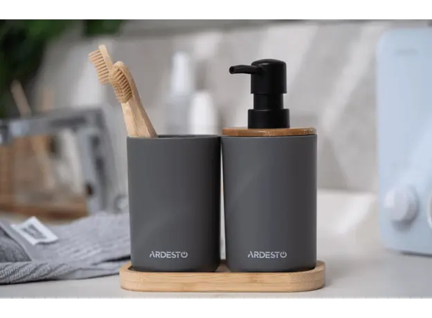 Soap dispenser ARDESTO Bathroom set Minimalism 360ml, 3 items, polypropylene, bamboo, dark grey 767637180702, 4 image