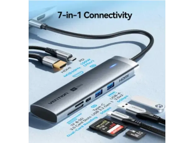 Docking Station Vention TPSHB 7-in-1 USB-C 4K/60Hz Docking Station 5Gbps 100W PD 0.15m Gray Aluminum, 3 image