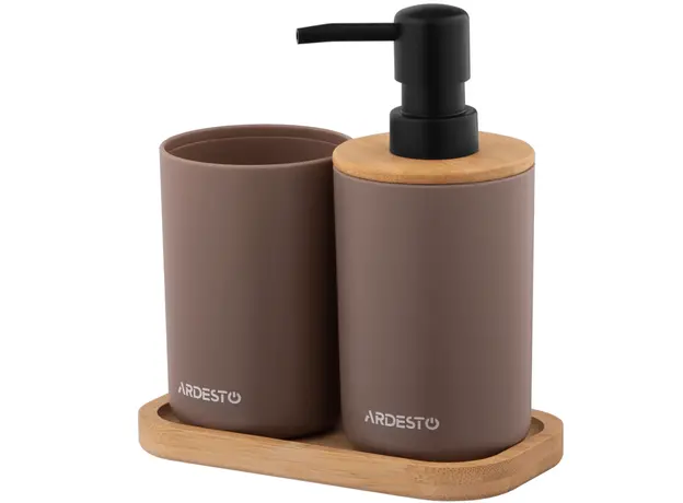 Soap dispenser ARDESTO Bathroom set Minimalism 360ml, 3 items, polypropylene, bamboo, taupe 767637180719