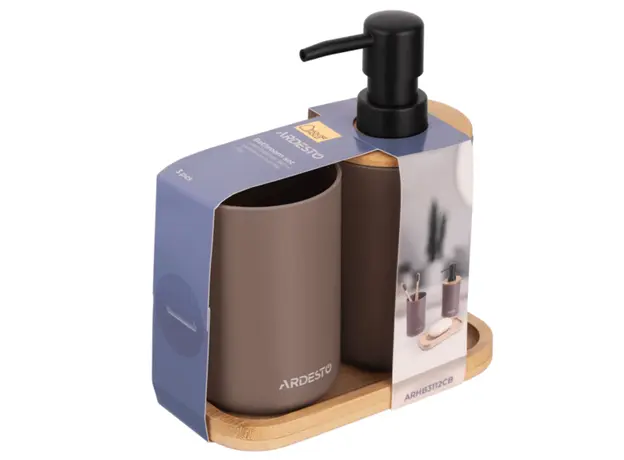 Soap dispenser ARDESTO Bathroom set Minimalism 360ml, 3 items, polypropylene, bamboo, taupe 767637180719, 4 image