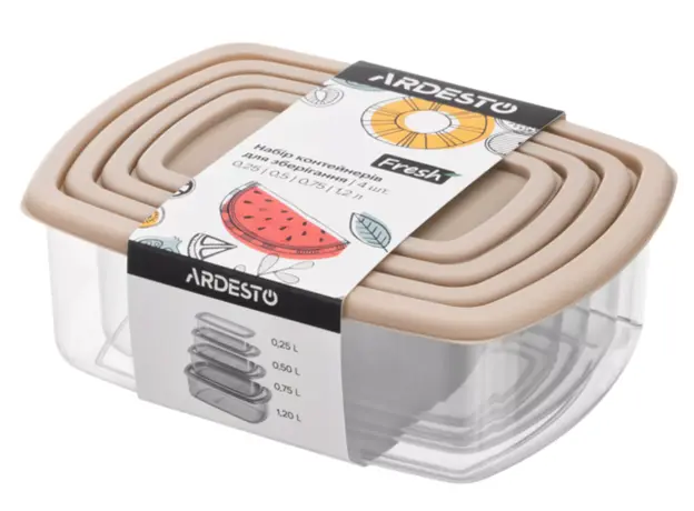 ARDESTO Set of food storage containers Fresh 0.25/0.5/0.75/1.2l, plastic, rectangular, beige