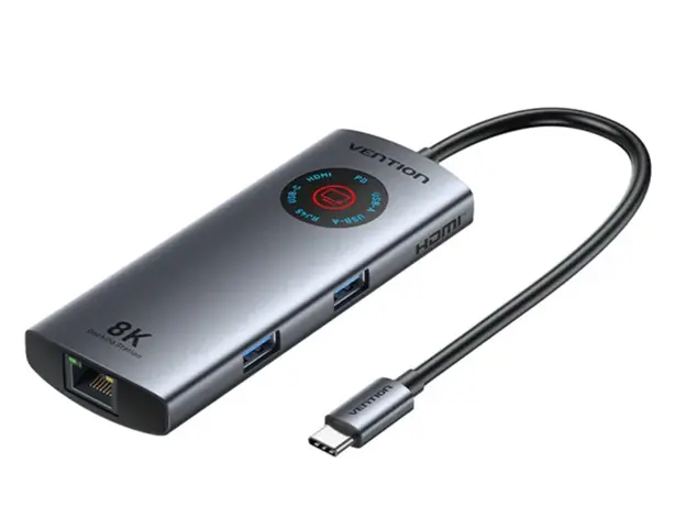Dock Station Vention TQZHB 6-in-1 USB-C 8K/30Hz Docking Station 5Gbps 100W PD With Smart Led Display 0.15m Aluminum