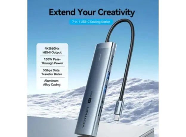 Docking Station Vention TPSHB 7-in-1 USB-C 4K/60Hz Docking Station 5Gbps 100W PD 0.15m Gray Aluminum, 2 image