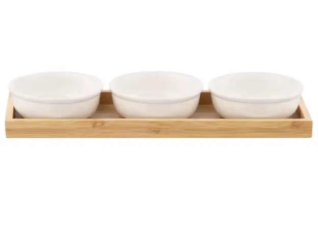 Set of ARDESTO Saucer with tray Midori, 3pcs, 160ml, new bone china, bamboo