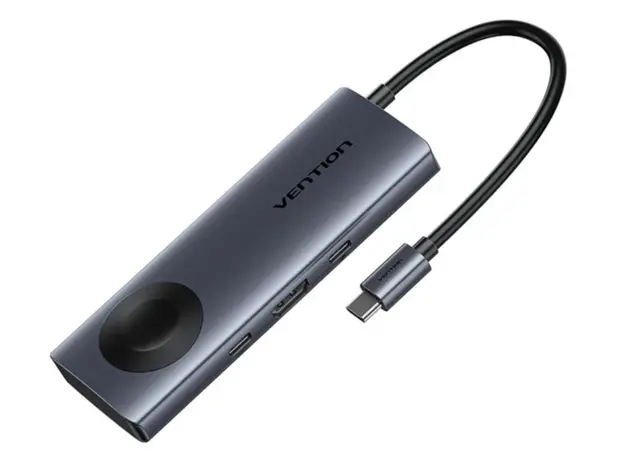 Docking Station Vention TPMHB 6-in-1 USB-C 4K/60Hz Wireless Charging Docking Station 5Gbps 100W PD 0.11m Gray Aluminum