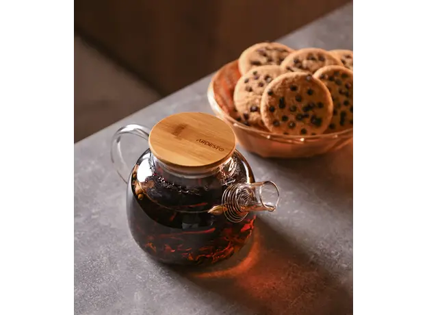 Teapot Ardesto Gemini 600ml, borosilicate glass, bamboo, transparent, 3 image