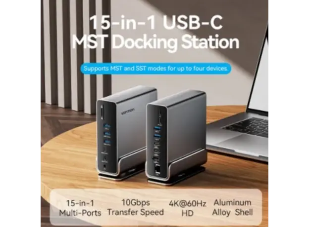Dock station Vention TPUH0 15-in-1 USB-C MST Docking Station 10Gbps Transfer Speed Aluminum, 2 image