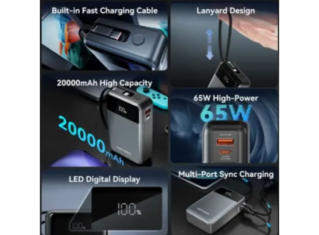 Portrait charger Vention FKDM0 20,000mAh Power Bank 65W With LED Display Gray, 3 image