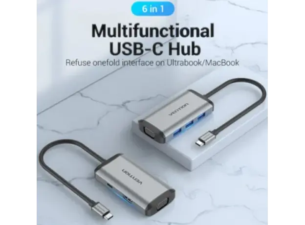 Docking Station Vention TGSHB 6-in-1 USB-C 4K/30Hz Docking Station 5Gbps 0.15m Gray Aluminum, 2 image