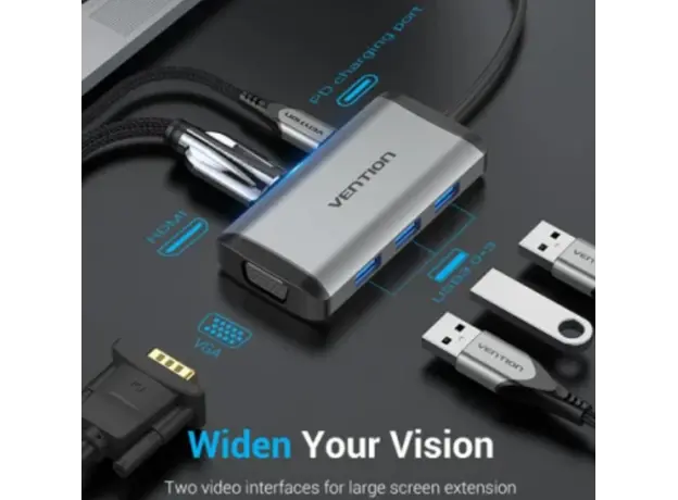 Docking Station Vention TGSHB 6-in-1 USB-C 4K/30Hz Docking Station 5Gbps 0.15m Gray Aluminum, 4 image