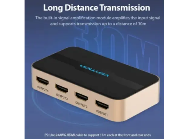 Splitter Vention ACCG0-EU 4K/30Hz 1 In 4 Out HDMI Splitter Gold Aluminum, 3 image