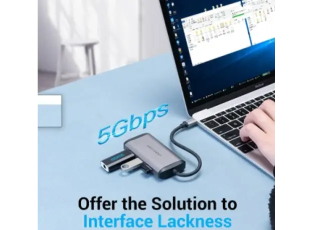 Docking Station Vention TGSHB 6-in-1 USB-C 4K/30Hz Docking Station 5Gbps 0.15m Gray Aluminum, 3 image