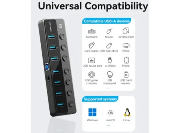 USB Hub Vention CHXB0-EU 8-in-1 USB 2.0/3.0 Hub With Individual Power Switches Led Black, 2 image