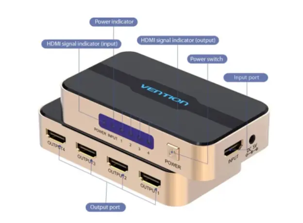 Splitter Vention ACCG0-EU 4K/30Hz 1 In 4 Out HDMI Splitter Gold Aluminum, 2 image