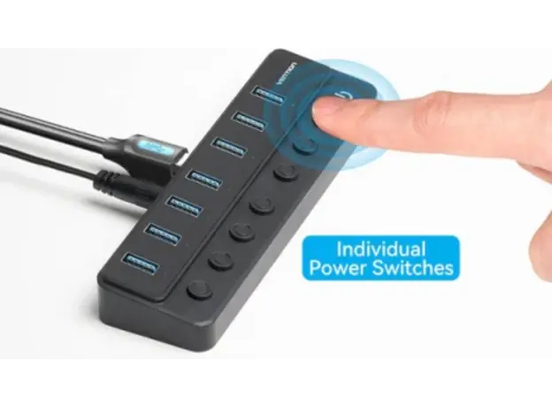 USB Hub Vention CHXB0-EU 8-in-1 USB 2.0/3.0 Hub With Individual Power Switches Led Black, 3 image