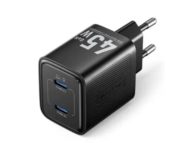 Adapter Vention FEFB0-EU 2-Port USB-C GaN Charger (45W/45W) EU-Plug Black