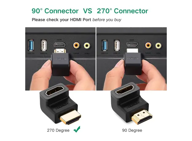 Corner HDMI adapter UGREEN HD112 (20110), HDMI 4K Adapter Male to Female Up-angled, Black, 2 image