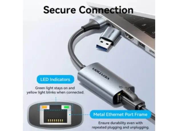 Adapter Vention CFQHB USB/USB-C to Gigabit Ethernet Adapter 0.15m Gray Aluminum, 3 image