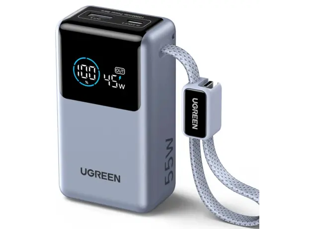 Portable Charger UGREEN PB727 (75701B) Nexode Pro, 10000mAh, Type-C, USB, Power Bank With Built-in Type-C Cable, Space Gray
