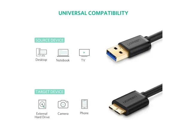 Micro USB კაბელი UGREEN US130 (10840) USB 3.0 A Male to Micro-B Male USB 3.0 Cable 0.5m (Black), 2 image