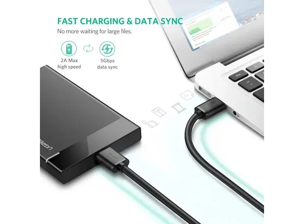 Micro USB კაბელი UGREEN US130 (10840) USB 3.0 A Male to Micro-B Male USB 3.0 Cable 0.5m (Black), 4 image