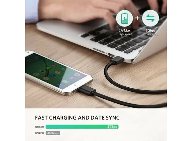 Micro USB კაბელი UGREEN US130 (10840) USB 3.0 A Male to Micro-B Male USB 3.0 Cable 0.5m (Black), 5 image