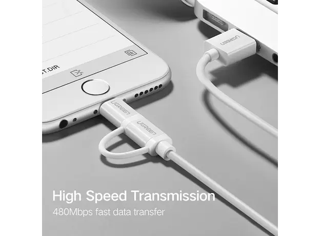 USB კაბელი UGREEN US178 (20876) USB 2.0 to Micro USB+Lightning (2 in 1) Data Cable 1M, 6 image