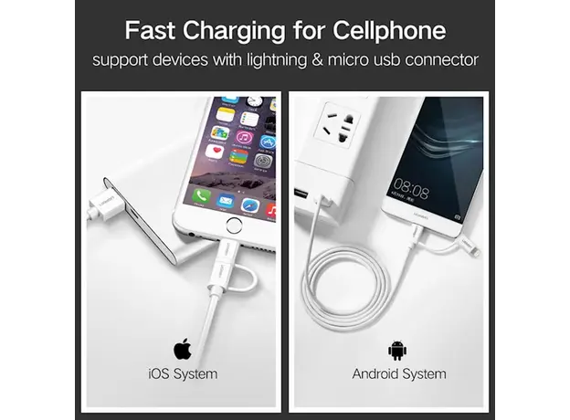 USB კაბელი UGREEN US178 (20876) USB 2.0 to Micro USB+Lightning (2 in 1) Data Cable 1M, 3 image