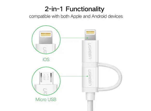 USB კაბელი UGREEN US178 (20876) USB 2.0 to Micro USB+Lightning (2 in 1) Data Cable 1M, 2 image
