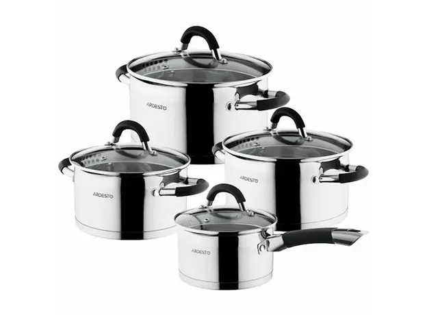 ქვაბების ნაკრები Ardesto Cookware set  Gemini Monza with drain, 8 pcs., Handles with gray silicone, stainless steel