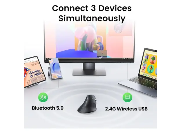 Mouse UGREEN MU008 (25444), Wireless, Bluetooth, USB, Mouse, Black, 5 image