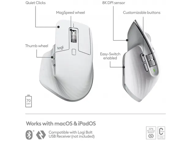 მაუსი LOGITECH MX Master 3S For Mac Performance Wireless Mouse - PALE GREY - BT - EMEA, 3 image